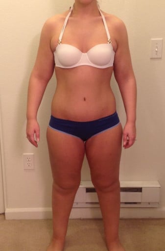 A before and after photo of a 5'5" female showing a snapshot of 173 pounds at a height of 5'5