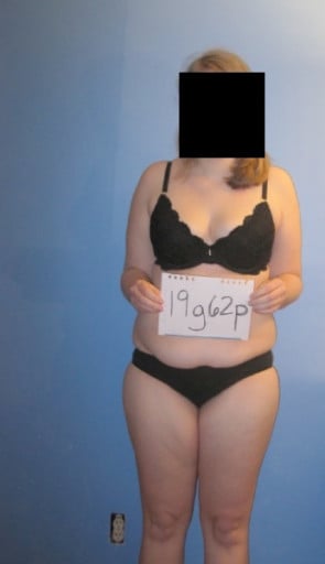 A photo of a 5'9" woman showing a snapshot of 168 pounds at a height of 5'9