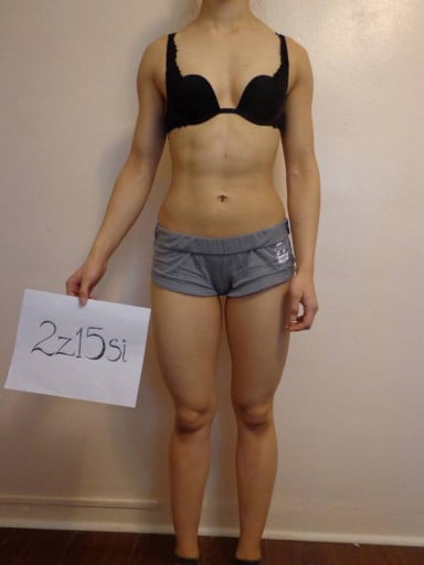 A before and after photo of a 5'6" female showing a snapshot of 129 pounds at a height of 5'6