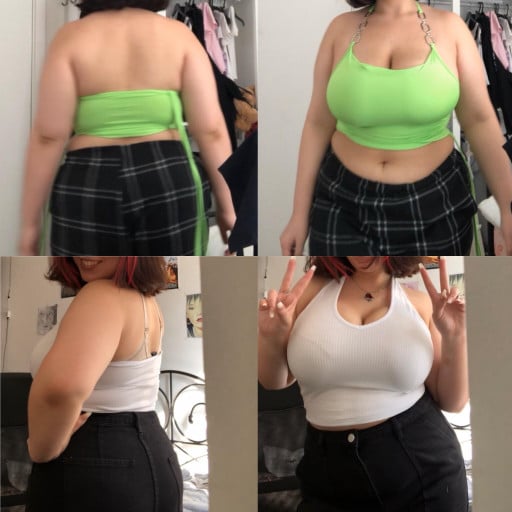 A progress pic of a 5'5" woman showing a fat loss from 195 pounds to 175 pounds. A respectable loss of 20 pounds.