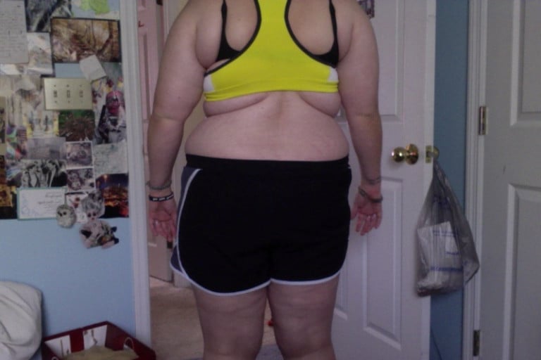 A photo of a 5'4" woman showing a snapshot of 218 pounds at a height of 5'4