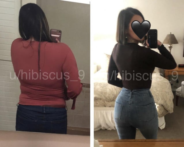 A progress pic of a 5'7" woman showing a fat loss from 217 pounds to 137 pounds. A respectable loss of 80 pounds.