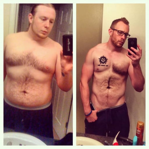 A before and after photo of a 6'2" male showing a weight reduction from 310 pounds to 178 pounds. A net loss of 132 pounds.