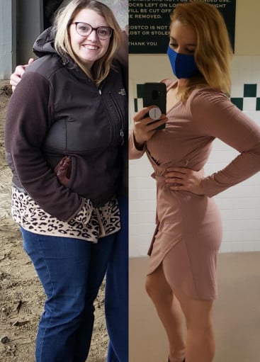 Before and After 69 lbs Fat Loss 5'7 Female 214 lbs to 145 lbs