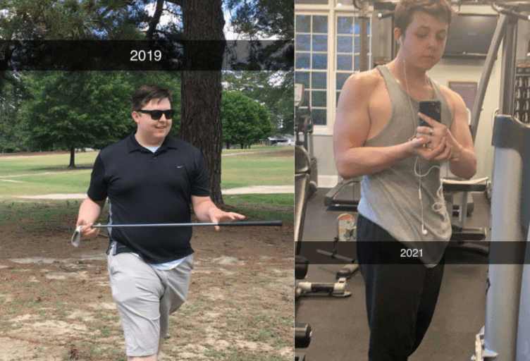 A progress pic of a 6'1" man showing a fat loss from 287 pounds to 210 pounds. A total loss of 77 pounds.