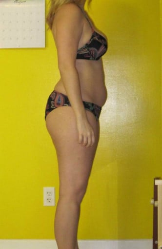 A before and after photo of a 5'6" female showing a snapshot of 167 pounds at a height of 5'6