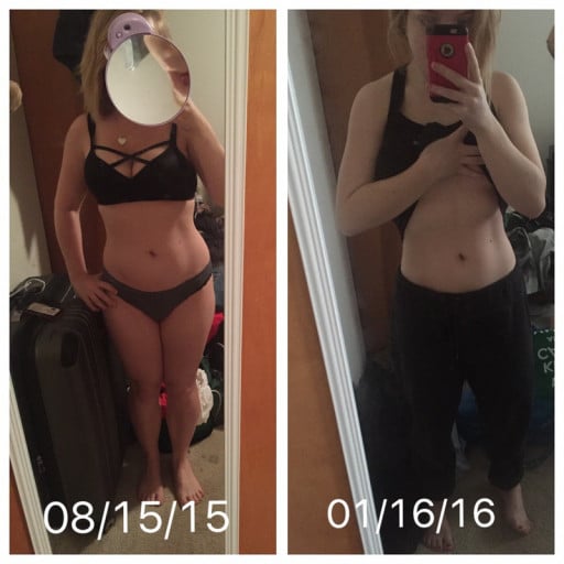 A photo of a 5'1" woman showing a weight cut from 140 pounds to 135 pounds. A respectable loss of 5 pounds.