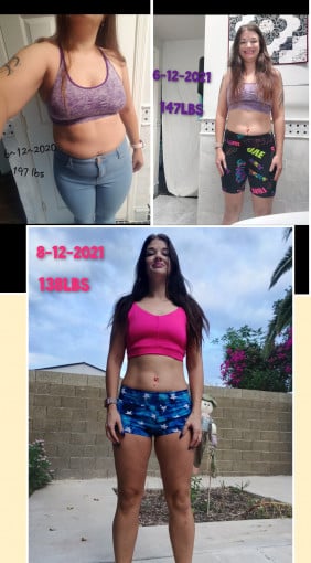 A picture of a 5'5" female showing a weight loss from 197 pounds to 138 pounds. A net loss of 59 pounds.