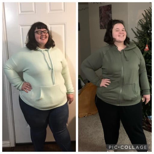 A progress pic of a 5'4" woman showing a fat loss from 322 pounds to 272 pounds. A respectable loss of 50 pounds.