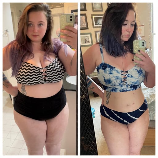 A picture of a 5'7" female showing a weight loss from 295 pounds to 222 pounds. A net loss of 73 pounds.