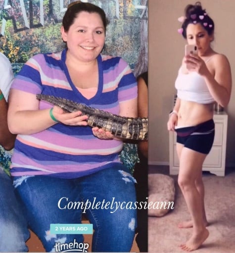 A before and after photo of a 5'1" female showing a weight reduction from 252 pounds to 140 pounds. A net loss of 112 pounds.