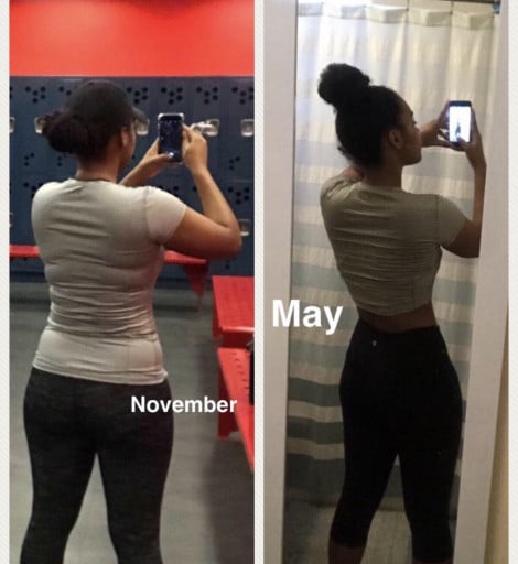 A before and after photo of a 5'4" female showing a weight reduction from 145 pounds to 140 pounds. A respectable loss of 5 pounds.