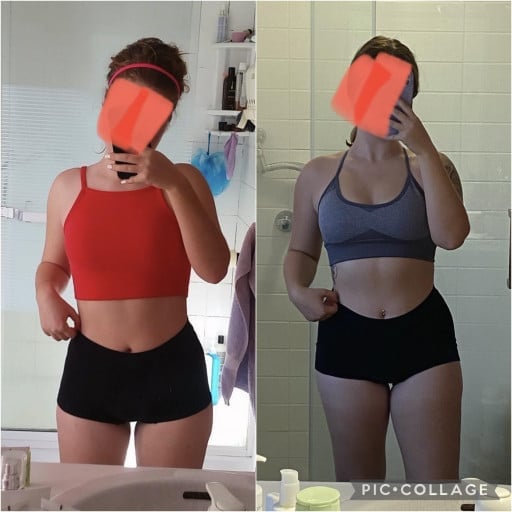 A before and after photo of a 5'3" female showing a weight gain from 125 pounds to 138 pounds. A net gain of 13 pounds.