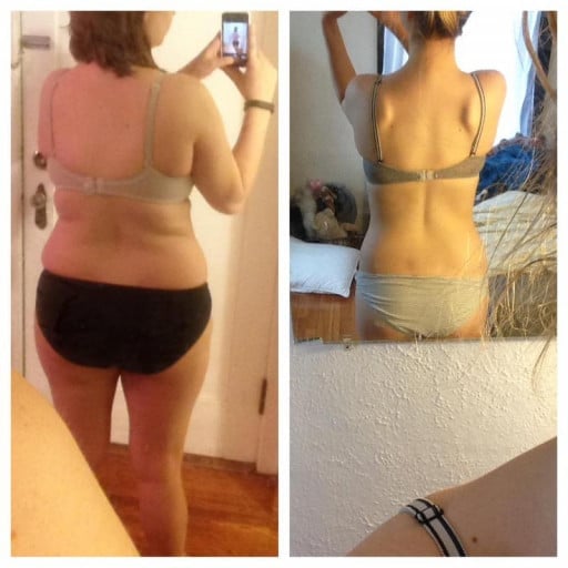 A progress pic of a 5'4" woman showing a weight reduction from 165 pounds to 119 pounds. A respectable loss of 46 pounds.