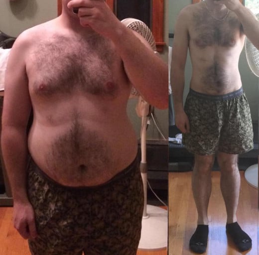 A before and after photo of a 5'10" male showing a weight cut from 250 pounds to 160 pounds. A total loss of 90 pounds.