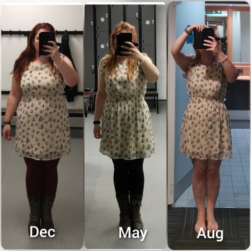 A before and after photo of a 5'4" female showing a weight reduction from 202 pounds to 172 pounds. A respectable loss of 30 pounds.
