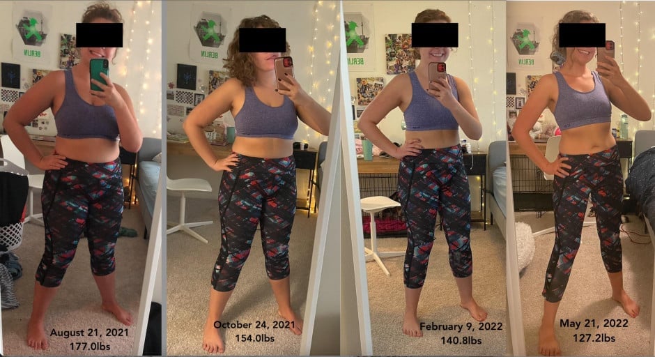 A picture of a 5'2" female showing a weight loss from 177 pounds to 127 pounds. A net loss of 50 pounds.