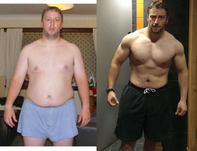 A progress pic of a 5'9" man showing a fat loss from 259 pounds to 189 pounds. A total loss of 70 pounds.