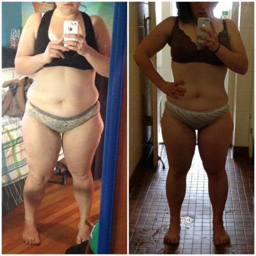 A progress pic of a 5'6" woman showing a fat loss from 215 pounds to 190 pounds. A respectable loss of 25 pounds.