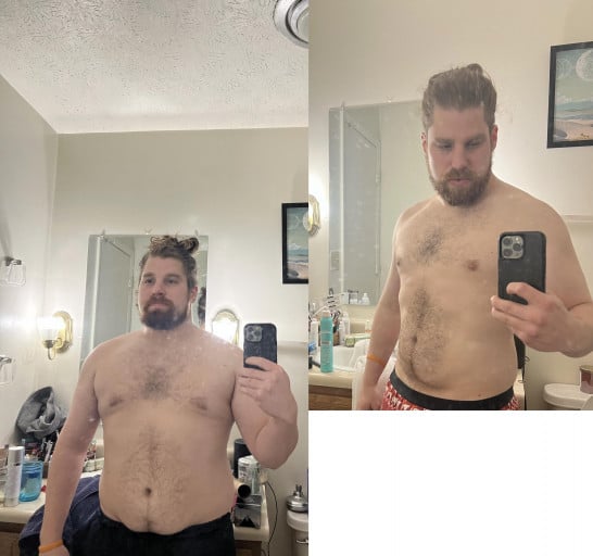 A before and after photo of a 5'8" male showing a weight reduction from 253 pounds to 183 pounds. A total loss of 70 pounds.