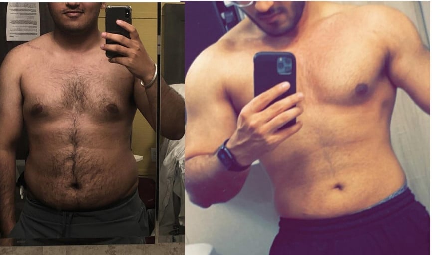 A progress pic of a 5'9" man showing a fat loss from 220 pounds to 182 pounds. A total loss of 38 pounds.