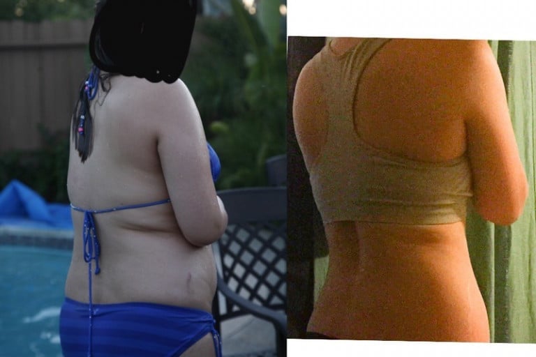 A before and after photo of a 5'6" female showing a weight loss from 210 pounds to 139 pounds. A net loss of 71 pounds.