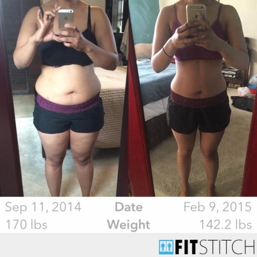 A photo of a 5'4" woman showing a weight reduction from 170 pounds to 130 pounds. A net loss of 40 pounds.