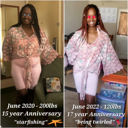 A before and after photo of a 5'1" female showing a weight reduction from 200 pounds to 120 pounds. A total loss of 80 pounds.