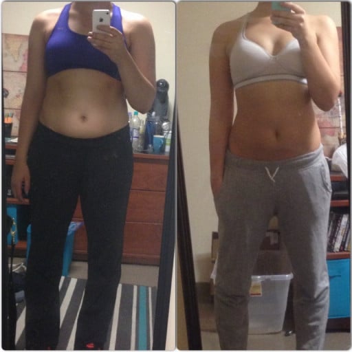 A before and after photo of a 5'10" female showing a weight cut from 207 pounds to 187 pounds. A total loss of 20 pounds.