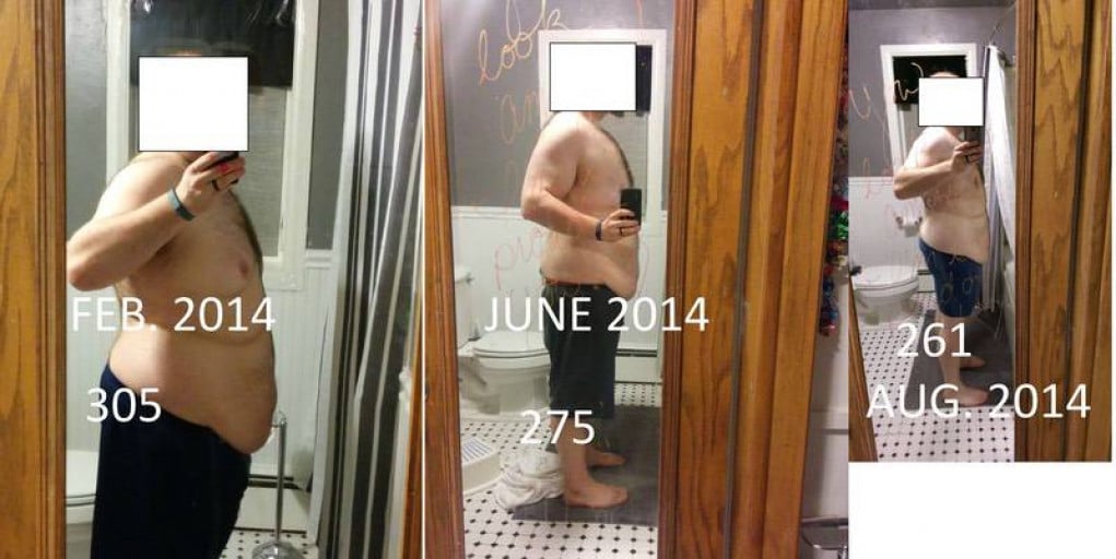 A picture of a 5'10" male showing a weight reduction from 305 pounds to 261 pounds. A net loss of 44 pounds.