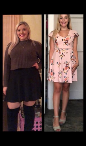 A picture of a 5'4" female showing a weight loss from 210 pounds to 150 pounds. A total loss of 60 pounds.