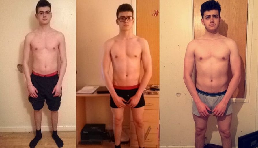 A photo of a 5'9" man showing a muscle gain from 128 pounds to 146 pounds. A net gain of 18 pounds.