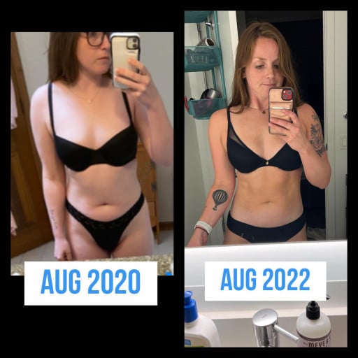 A progress pic of a 5'4" woman showing a fat loss from 150 pounds to 140 pounds. A respectable loss of 10 pounds.