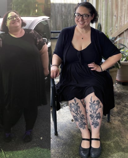 A picture of a 5'3" female showing a weight loss from 342 pounds to 204 pounds. A net loss of 138 pounds.