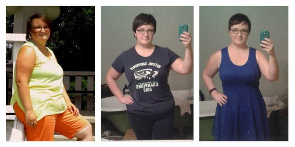 A progress pic of a 5'3" woman showing a weight reduction from 223 pounds to 205 pounds. A total loss of 18 pounds.