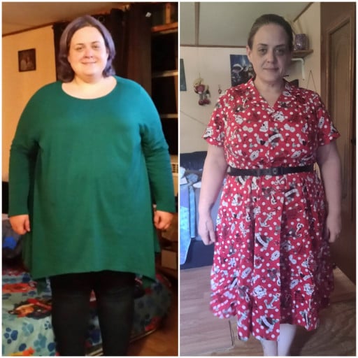 A progress pic of a 5'2" woman showing a fat loss from 353 pounds to 199 pounds. A total loss of 154 pounds.