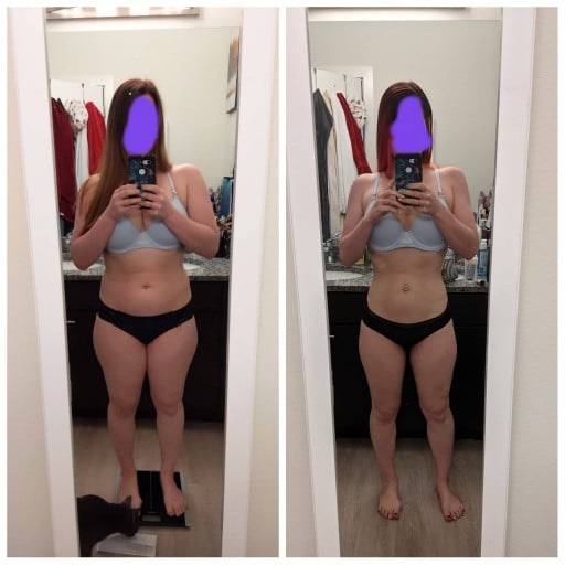 A progress pic of a 5'2" woman showing a fat loss from 157 pounds to 130 pounds. A respectable loss of 27 pounds.
