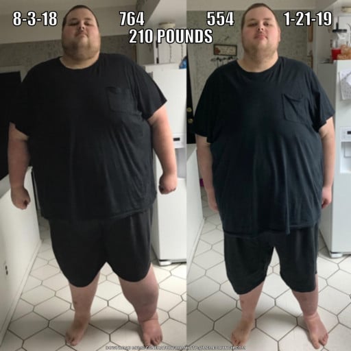 A photo of a 6'8" man showing a weight cut from 764 pounds to 554 pounds. A respectable loss of 210 pounds.