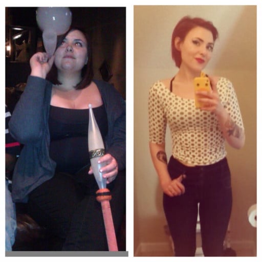A picture of a 5'5" female showing a weight loss from 255 pounds to 125 pounds. A net loss of 130 pounds.