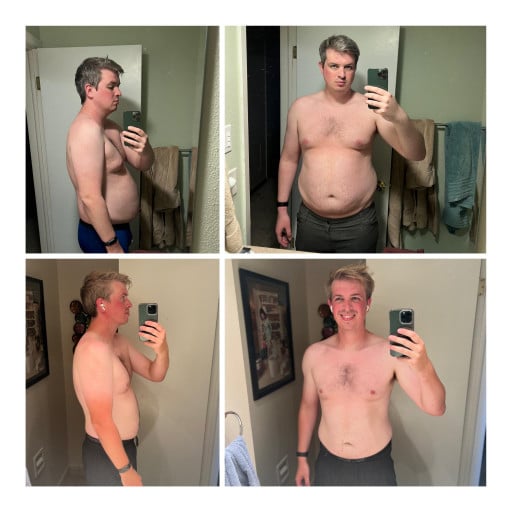 A before and after photo of a 6'2" male showing a weight reduction from 291 pounds to 220 pounds. A net loss of 71 pounds.