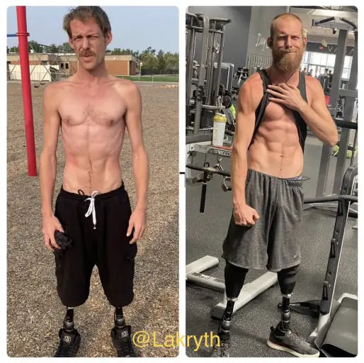 A before and after photo of a 6'2" male showing a weight bulk from 100 pounds to 140 pounds. A respectable gain of 40 pounds.