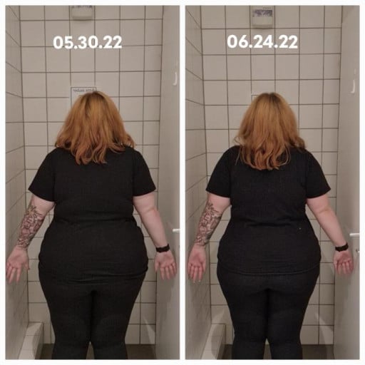 A progress pic of a 5'5" woman showing a fat loss from 269 pounds to 260 pounds. A respectable loss of 9 pounds.