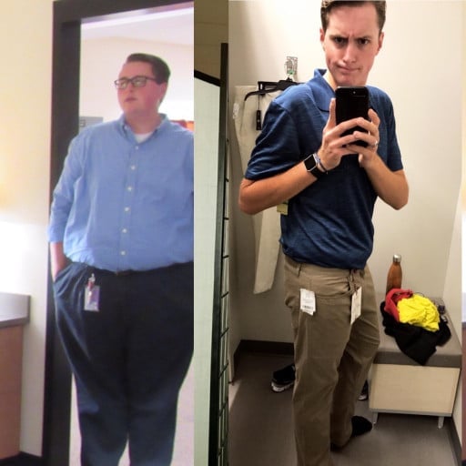A picture of a 6'4" male showing a weight loss from 345 pounds to 210 pounds. A total loss of 135 pounds.
