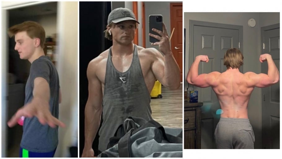 A progress pic of a 5'8" man showing a weight bulk from 130 pounds to 180 pounds. A net gain of 50 pounds.