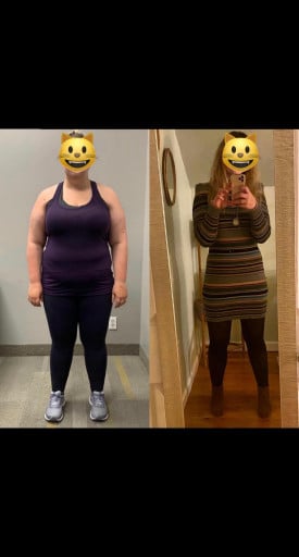 A photo of a 5'4" woman showing a weight cut from 230 pounds to 170 pounds. A total loss of 60 pounds.