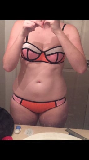 A photo of a 5'8" woman showing a weight reduction from 170 pounds to 150 pounds. A respectable loss of 20 pounds.