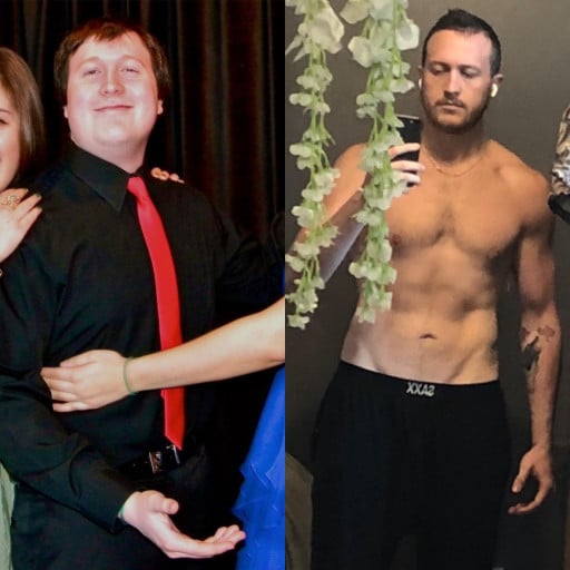 A photo of a 5'9" man showing a weight cut from 221 pounds to 165 pounds. A total loss of 56 pounds.