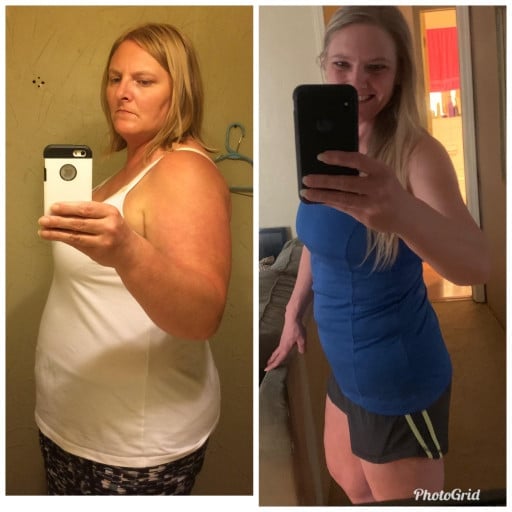 A progress pic of a 5'5" woman showing a fat loss from 287 pounds to 133 pounds. A respectable loss of 154 pounds.