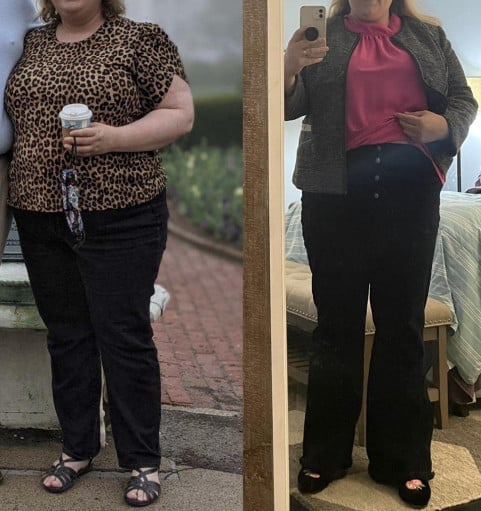 A photo of a 5'7" woman showing a weight cut from 315 pounds to 283 pounds. A net loss of 32 pounds.