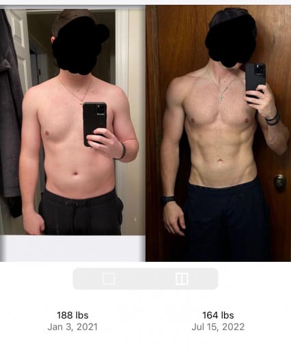 A photo of a 5'10" man showing a weight cut from 188 pounds to 164 pounds. A total loss of 24 pounds.